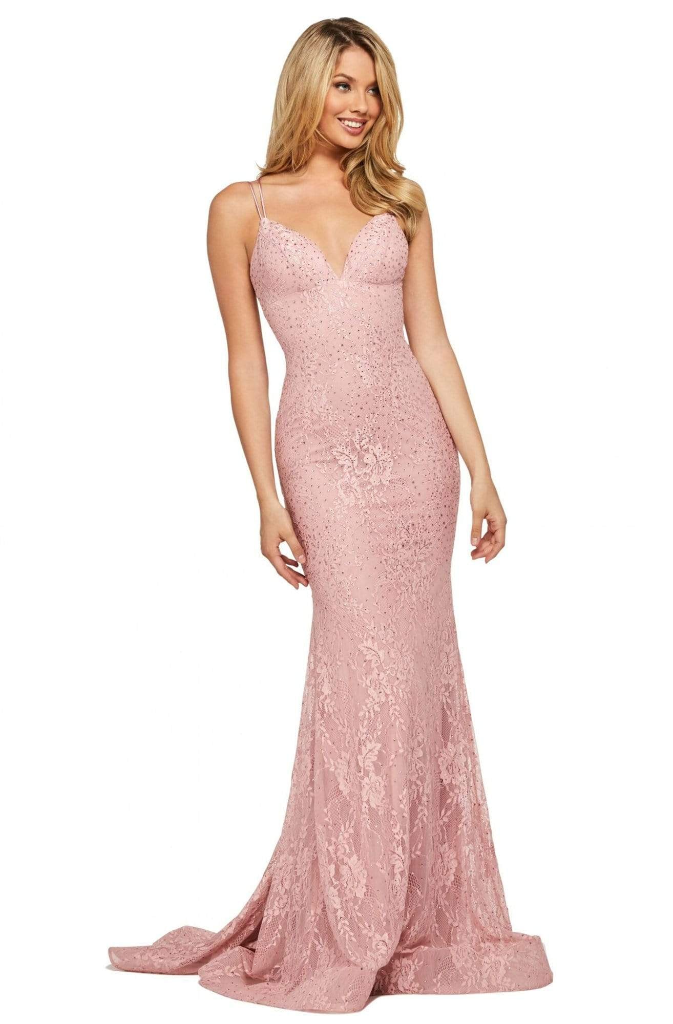 Sherri Hill - 53364 Plunging Lace Up Back Fitted Lace Dress Couture Candy Sherri Hill - 53364 Plunging Lace Up Back Fitted Lace Dress Couture Candy