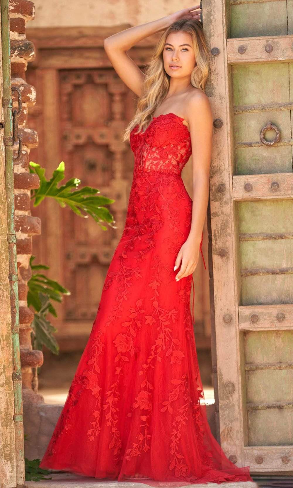 red embroidered prom dress Azazie 2026 Corset Lace Up A-Line Prom Dress Red Gown