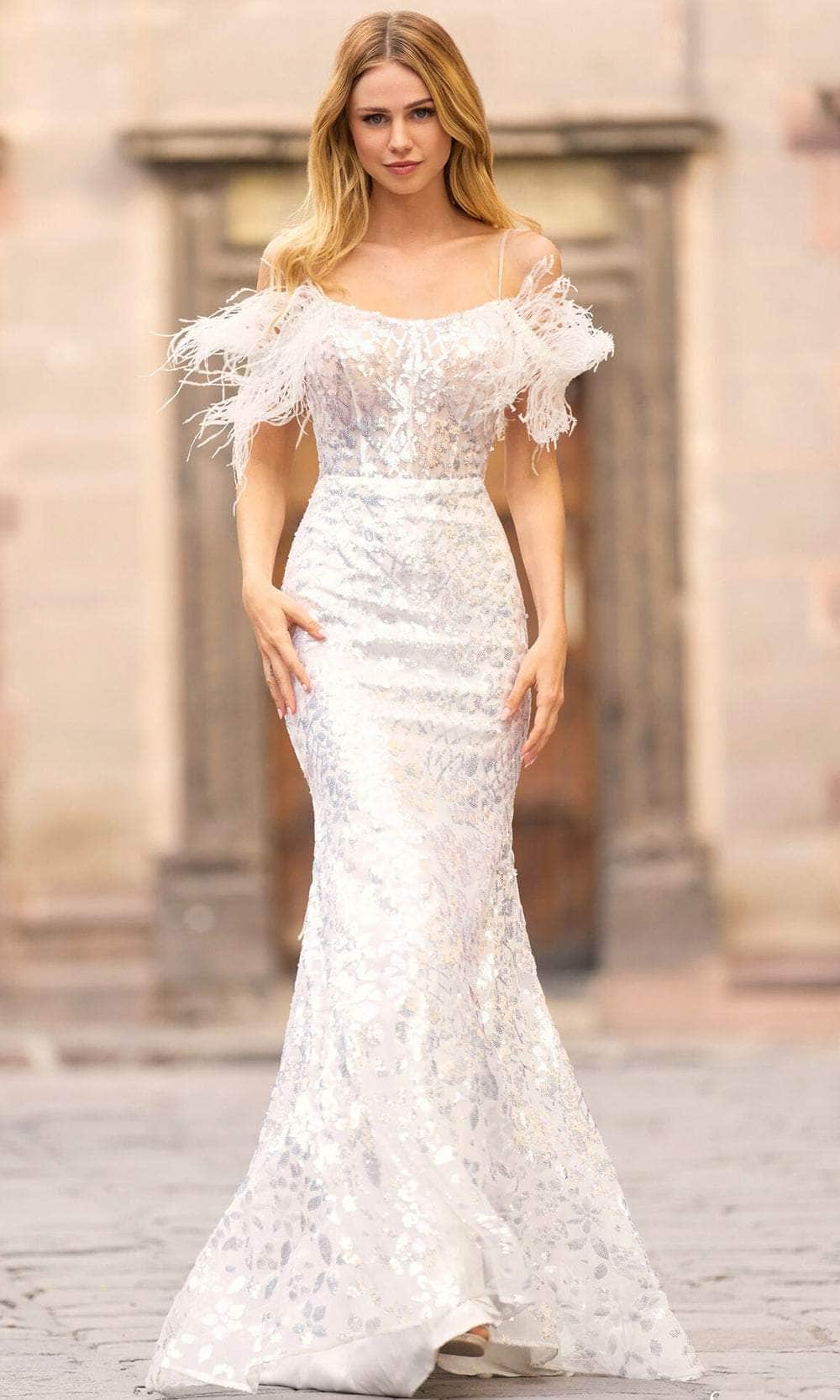 Sherri Hill 55360 - Feathered Cold Shoulder Sequined Ensemble Sherri Hill 55360 - Feathered Cold Shoulder Sequined Ensemble
