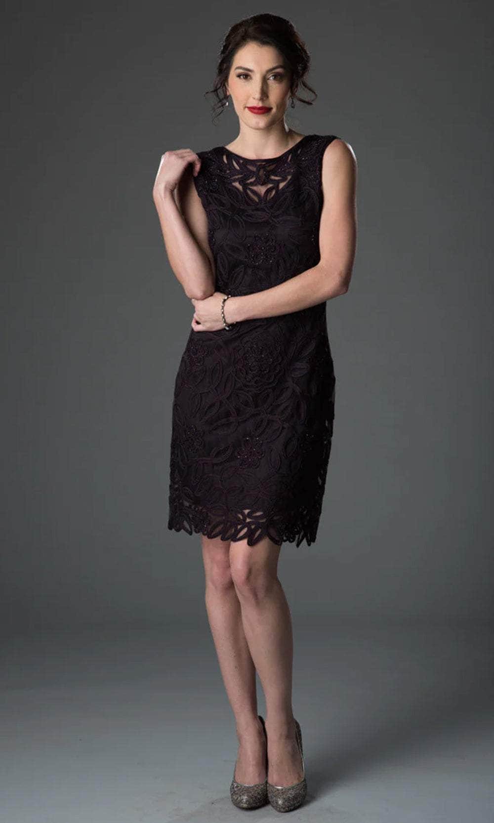 Soulmates 1612 Soutache Lace Sequin Boatneck Sheath Dress, Aubergine / S Soulmates 1612 Soutache Lace Sequin Boatneck Sheath Dress, Aubergine / S