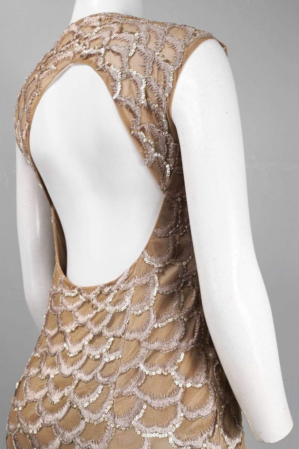 sue wong embroidered sheath dress Sue Wong - N2330 Embroidered Scallop Motif Sheath Dress 4 / Beige