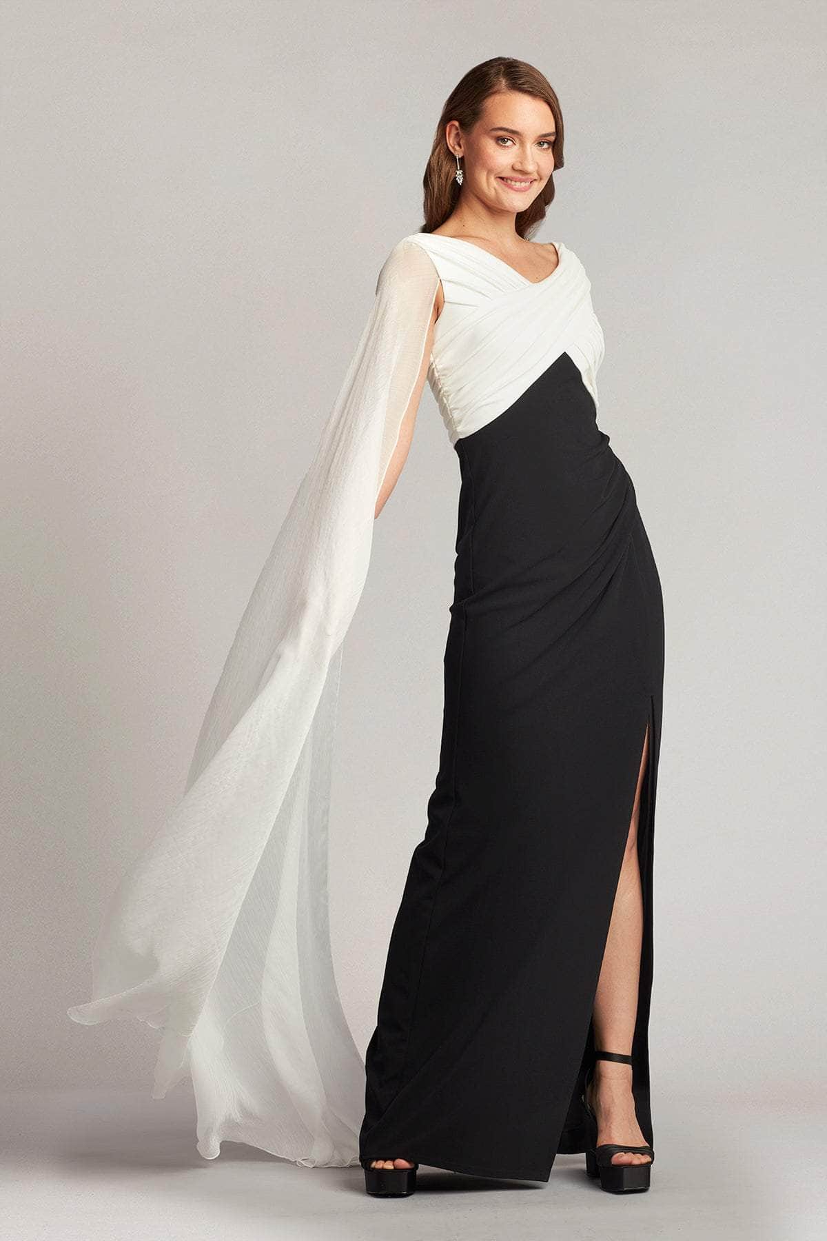 Tadashi Shoji BOS22026LX - Crisscross Detailed Cape Sleeve Long Dress   Couture Candy