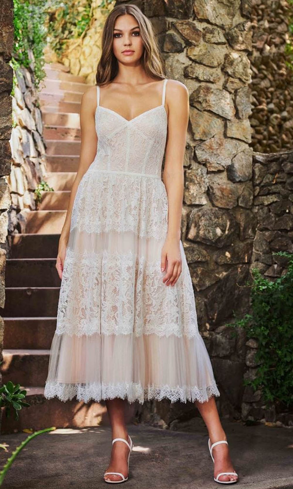 Tadashi Shoji BQJ18619MD - Spaghetti Strap Tea Length Lace Dress Tadashi Shoji BQJ18619MD - Spaghetti Strap Tea Length Lace Dress