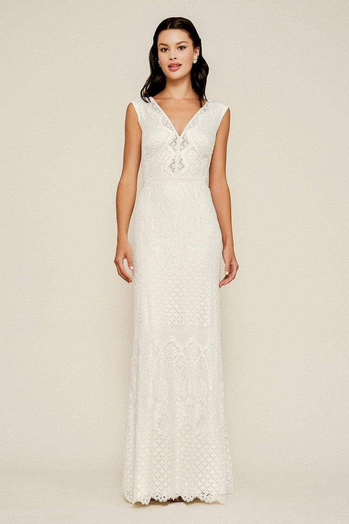 Tadashi Shoji - Fully Lace V-neck Sheath Dress Wedding Dresses 0 / Ivory