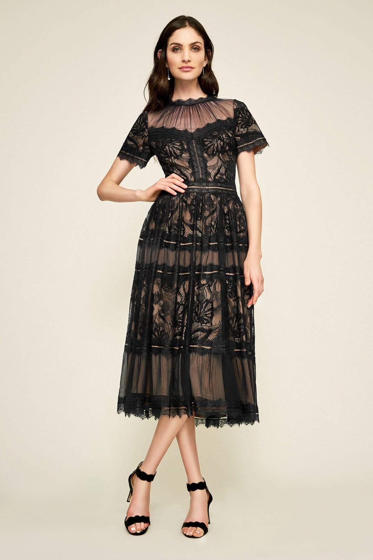 Tadashi Shoji - Illusion Neckline Sheer Lace Tea Length Dress Tadashi Shoji - Illusion Neckline Sheer Lace Tea Length Dress