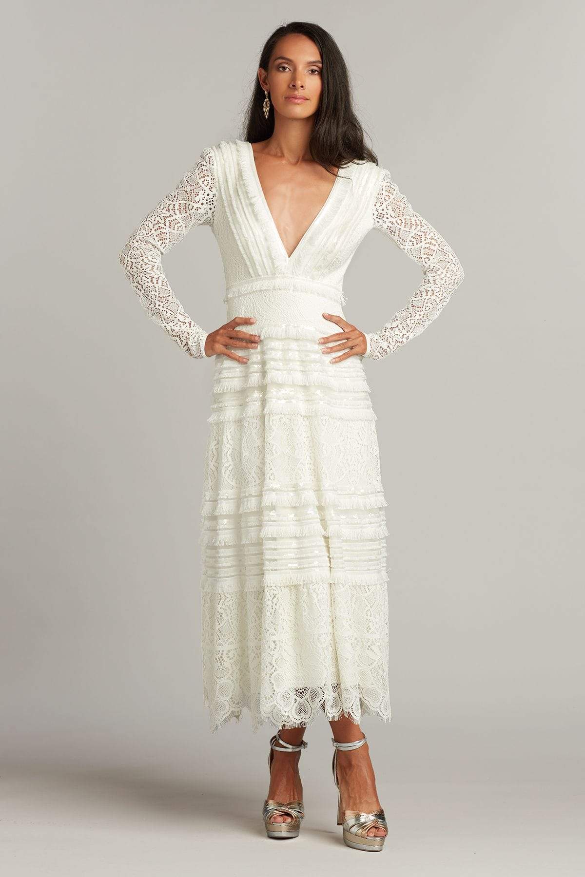 Tadashi Shoji - Long Sleeve Deep V Neck A-Line Dress Tadashi Shoji - Long Sleeve Deep V Neck A-Line Dress