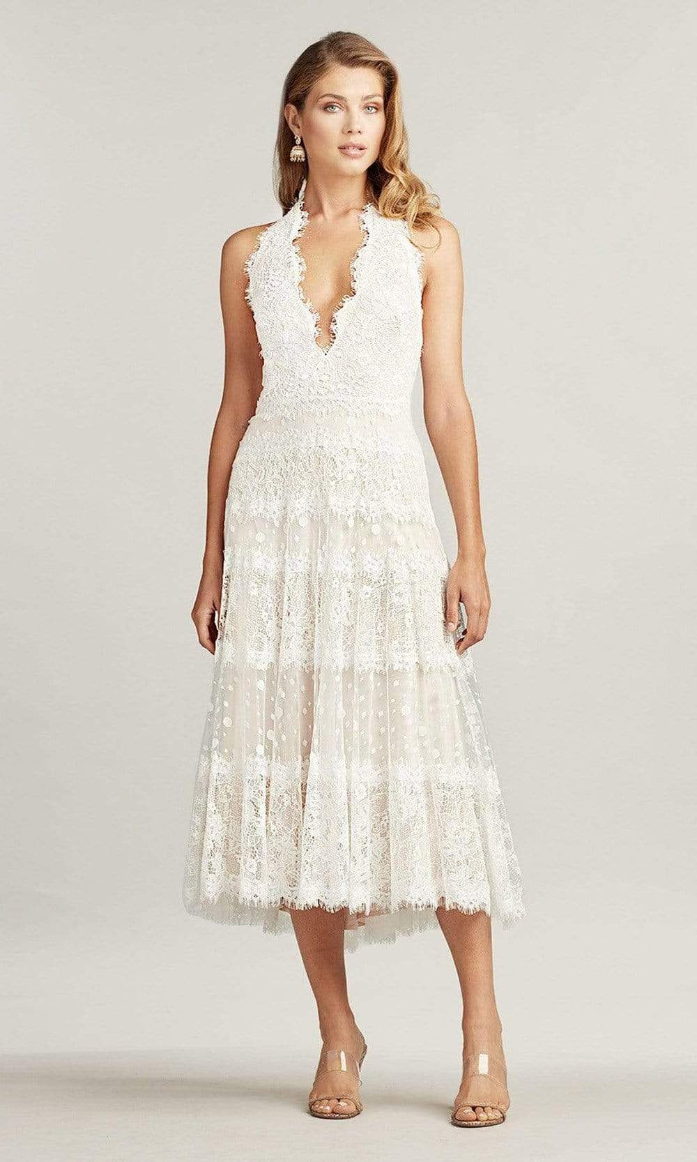 Tadashi Shoji - Rella V-Neck Halter Tea-Length Dress Couture Candy Tadashi Shoji - Rella V-Neck Halter Tea-Length Dress Couture Candy