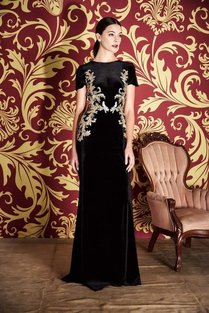 Tadashi Shoji Velvet Long Appliqued Illusion Cutout Gown pc