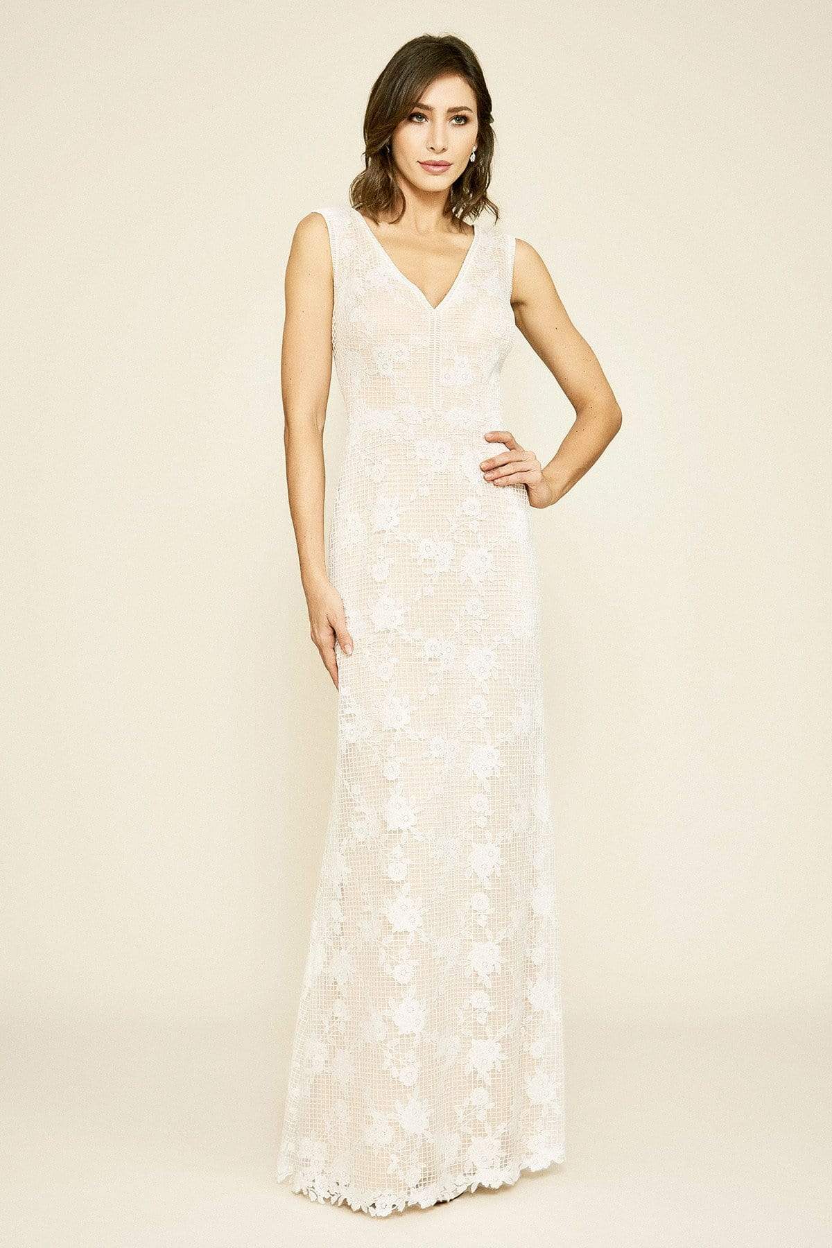 Tadashi Shoji Women's Windsor Sleeveless V-Neck Lace Gown - Ivory/Cream - Size 10 - Ivory Tadashi Shoji Women's Windsor Sleeveless V-Neck Lace Gown - Ivory/Cream - Size 10 - Ivory