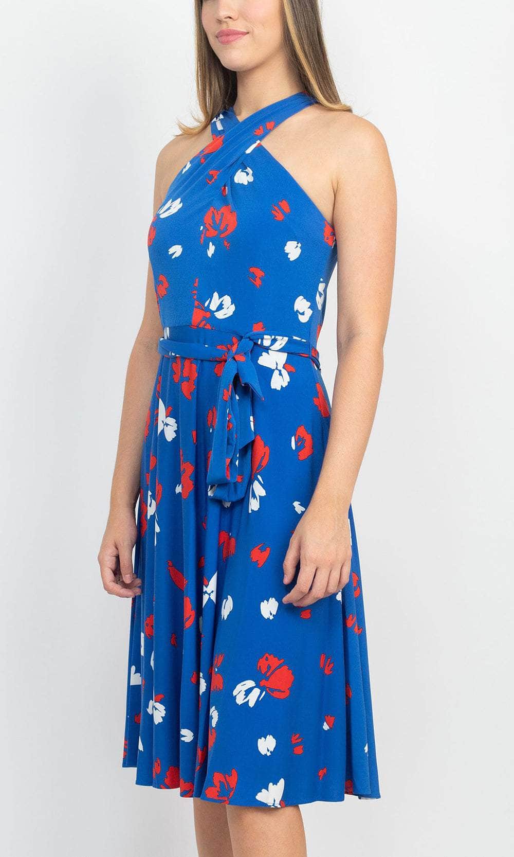 Tahari ASL Crossed Neck Sleeveless Tie Waist Zipper Back Multi Print Jersey Dress Blue Multi / 8 Tahari ASL Crossed Neck Sleeveless Tie Waist Zipper Back Multi Print Jersey Dress Blue Multi / 8