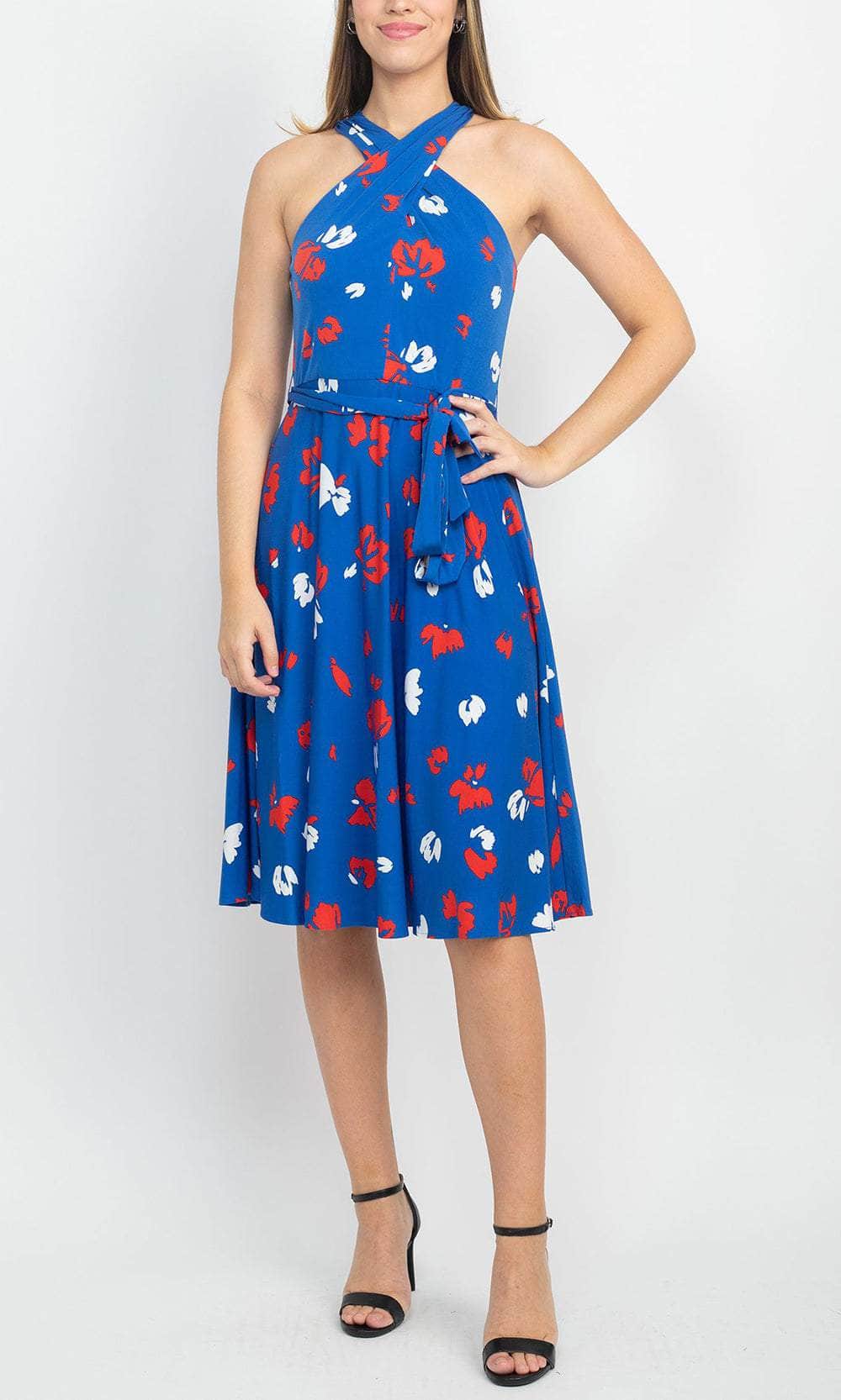 Tahari ASL Crossed Neck Sleeveless Tie Waist Zipper Back Multi Print Jersey Dress Blue Multi / 8 Tahari ASL Crossed Neck Sleeveless Tie Waist Zipper Back Multi Print Jersey Dress Blue Multi / 8