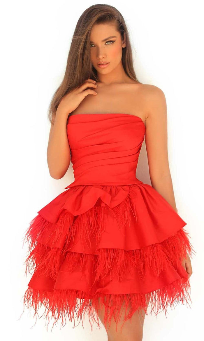 Tarik Ediz - 51090 Strapless Feather-Trimmed Dress Special Occasion Dress 0 / Red