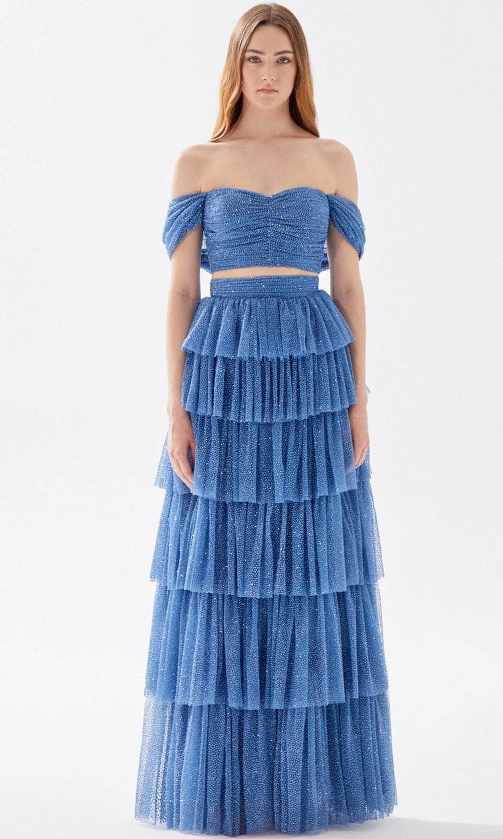 Tarik Ediz 52042 - Two Piece Tiered Off Shoulder Dress 2 / Champagne Tarik Ediz 52042 - Two Piece Tiered Off Shoulder Dress 2 / Champagne