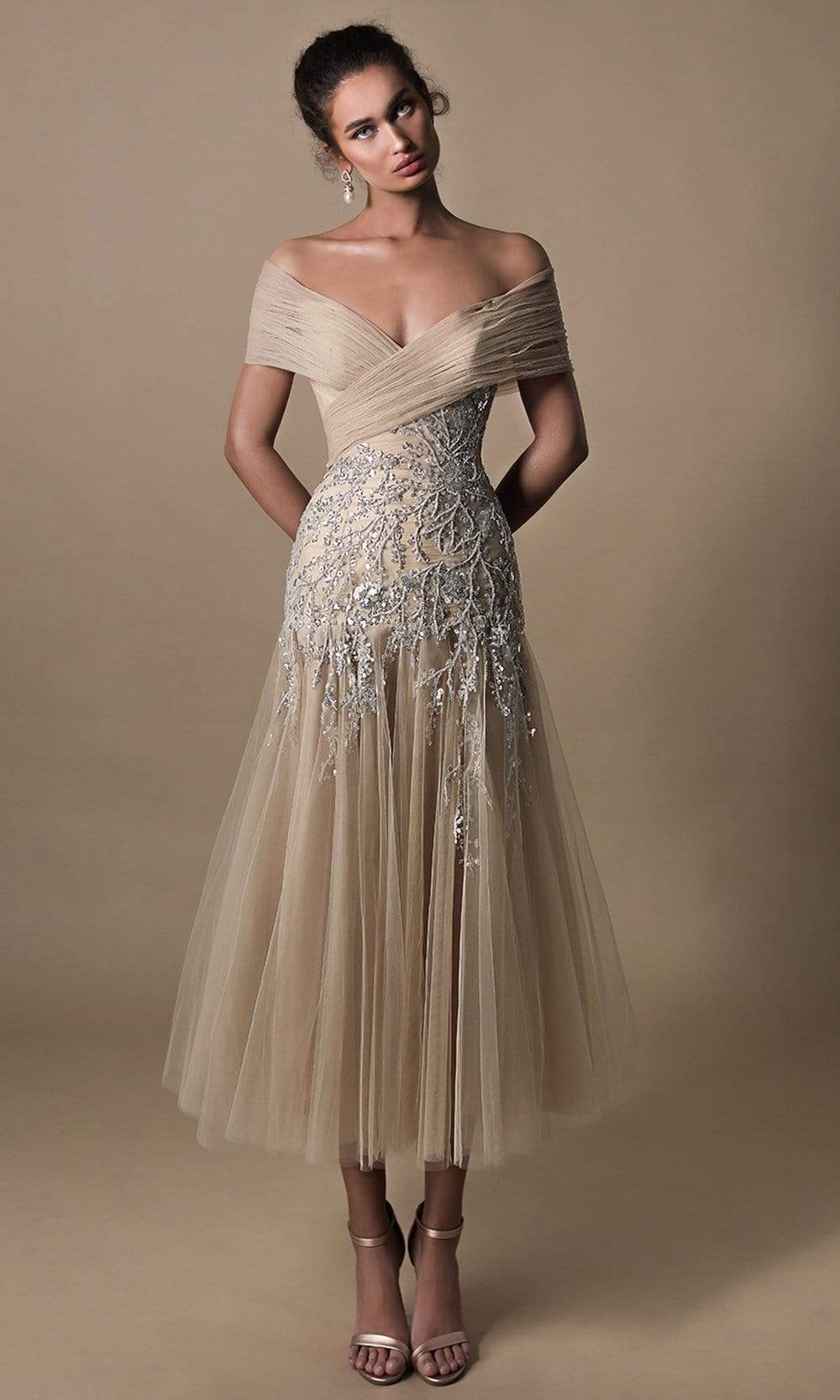Tarik Ediz - 96019 Embroidered Off Shoulder Tulle A-line Dress - 8 / Stone Tarik Ediz - 96019 Embroidered Off Shoulder Tulle A-line Dress - 8 / Stone