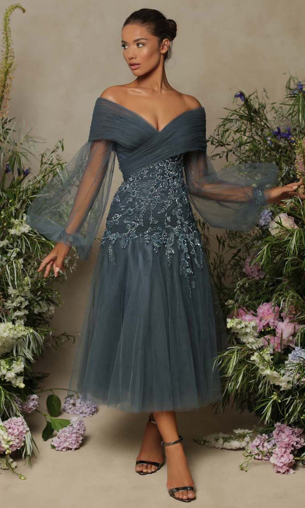Tarik Ediz - 98073 Rulle V Neck Midi Tea Length Dress Tarik Ediz - 98073 Rulle V Neck Midi Tea Length Dress