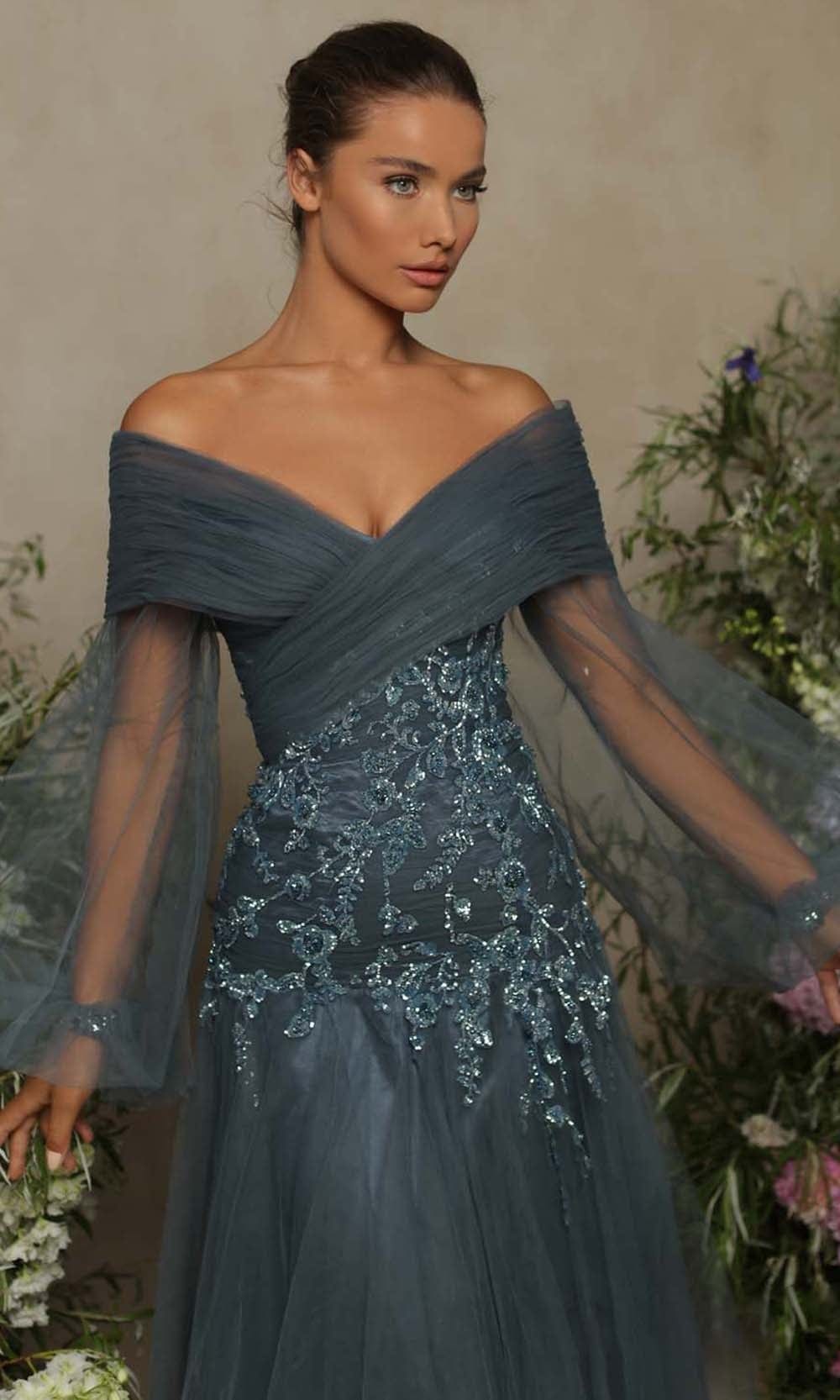 Tarik Ediz - 98073 Rulle V Neck Midi Tea Length Dress Couture Candy Tarik Ediz - 98073 Rulle V Neck Midi Tea Length Dress Couture Candy