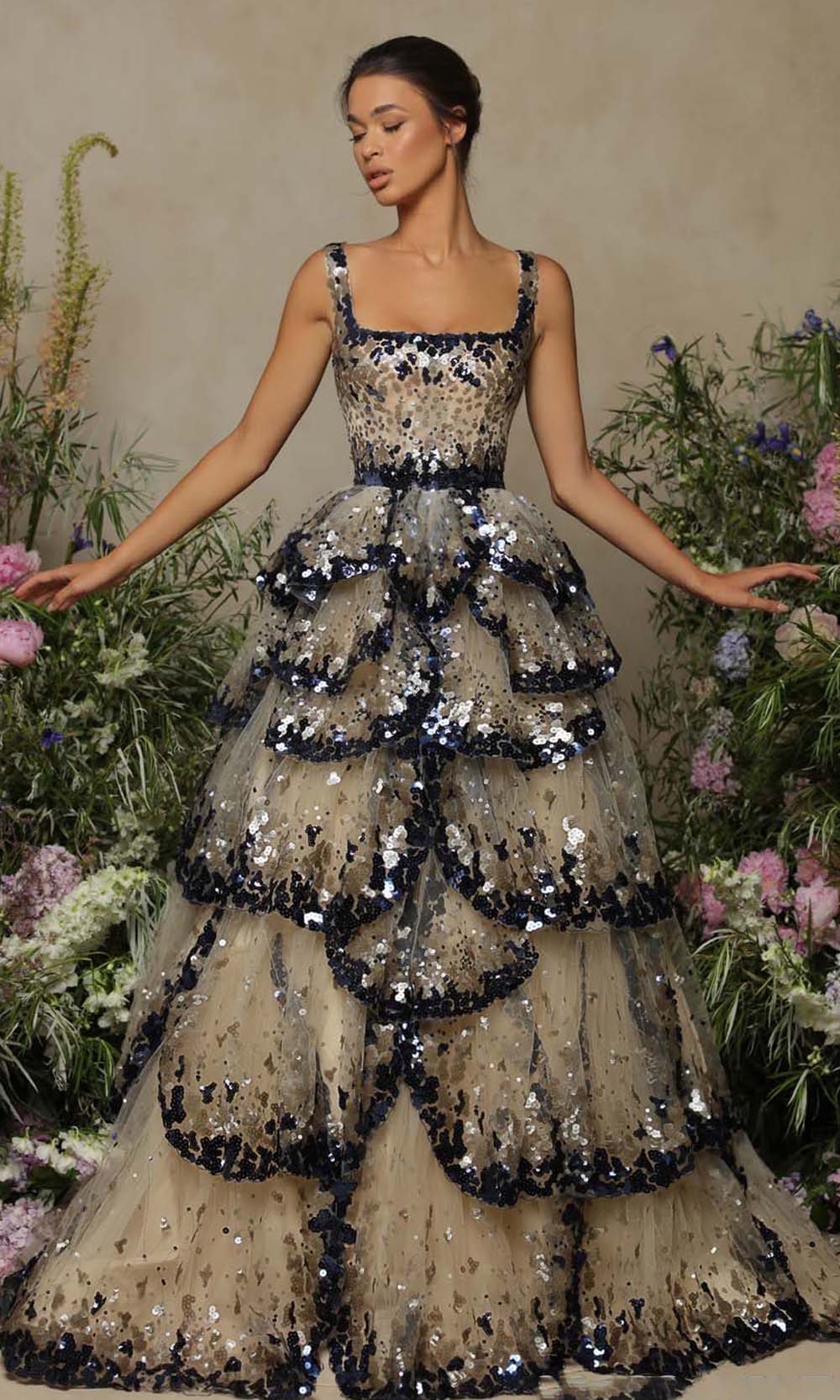 Tarik Ediz - 98083 Square Tiered Sequin Long Gown Tarik Ediz - 98083 Square Tiered Sequin Long Gown