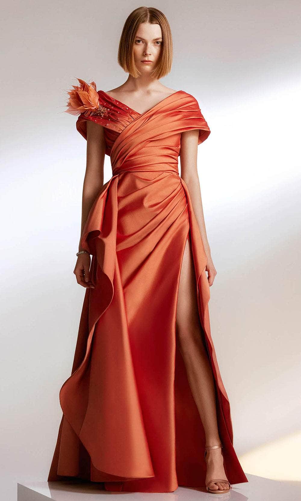 Tarik Ediz 98221 - Feather Ornate Overskirt Evening Gown Tarik Ediz 98221 - Feather Ornate Overskirt Evening Gown