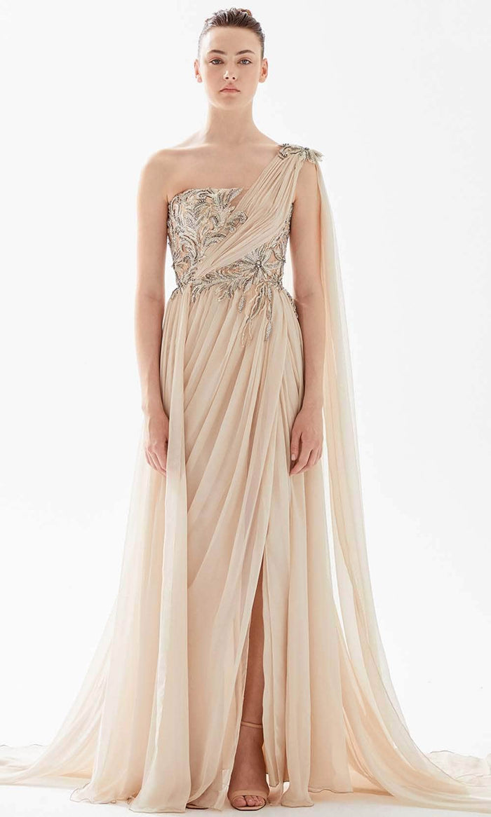Tarik Ediz 98222 - Embroidered Asymmetric Evening Dress Pageant Dresses 00 / Stone