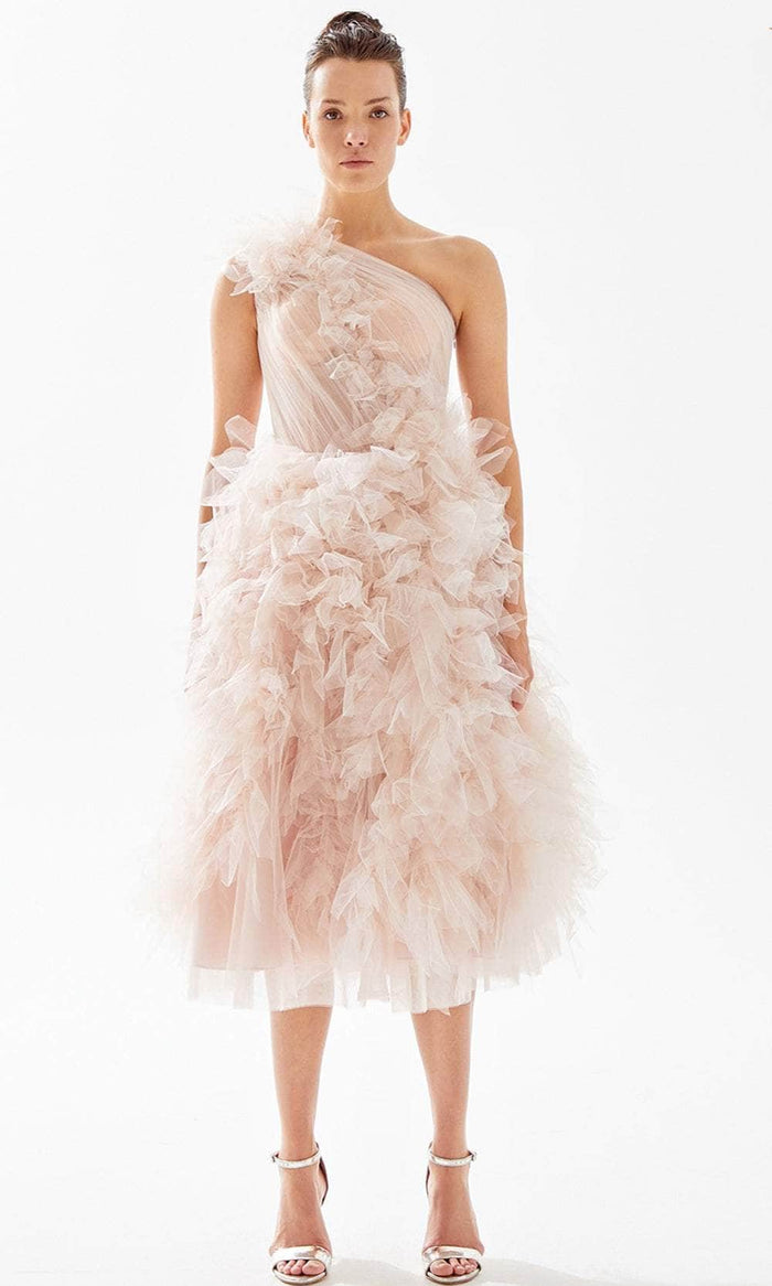 Tarik Ediz 98266 - Ruffled Tea-Length Evening Dress Prom Dresses 00 / Ice Pink