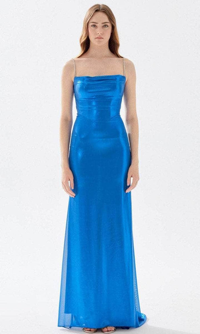 Tarik Ediz - Straight Across Ruched Prom Gown 52057  - 1 pc Bijou Blue In Size 8 Available CCSALE 8 / Bijou Blue