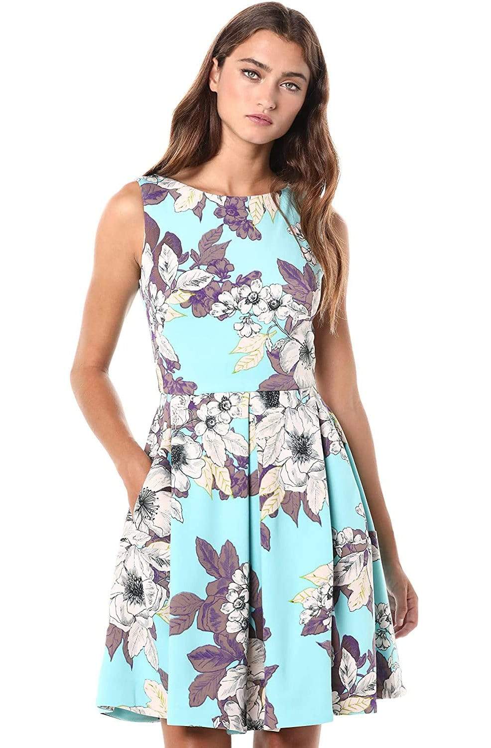 Taylor - 1308M Floral Print Scuba Pleated A-line Dress Taylor - 1308M Floral Print Scuba Pleated A-line Dress
