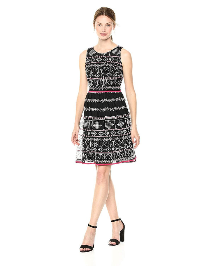 Taylor - 9722M Sleeveless Piped Multi-Print A-Line Dress Special Occasion Dress 00 / Black Fuchsia
