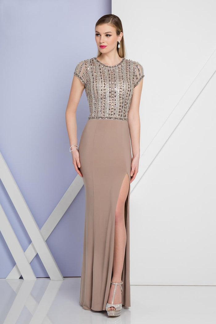 Terani Couture - 1721E4161 Embellished Jewel Neck Sheath Dress Special Occasion Dress 0 / Taupe