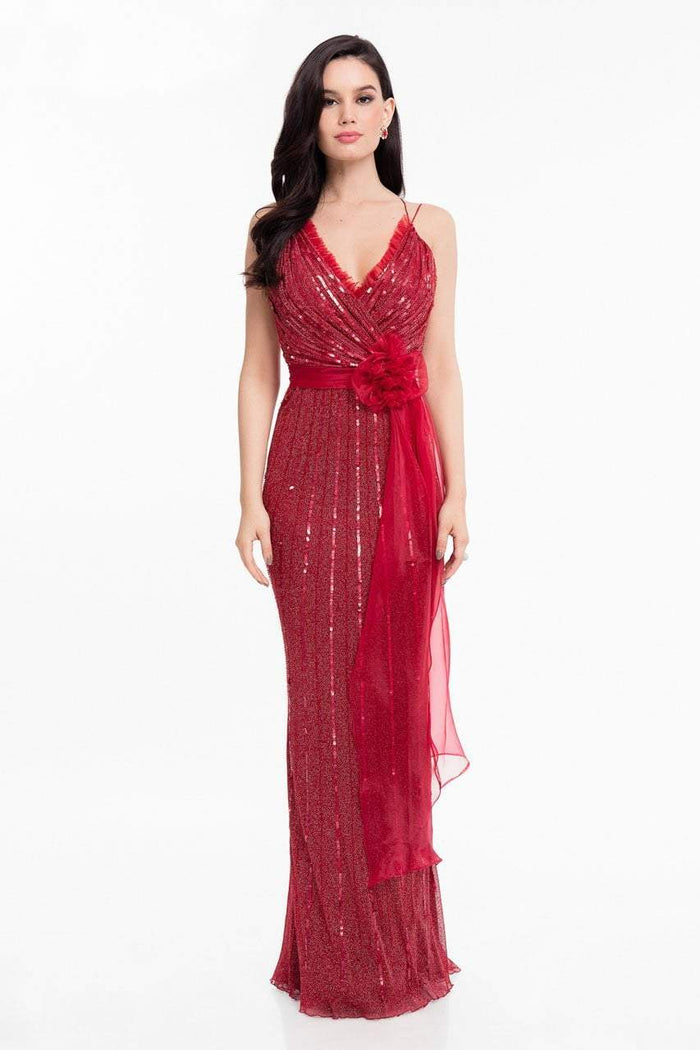 Terani Couture - 1821E7111 Sequin Ornate Sashed Long Evening Gown Special Occasion Dress 0 / Berry
