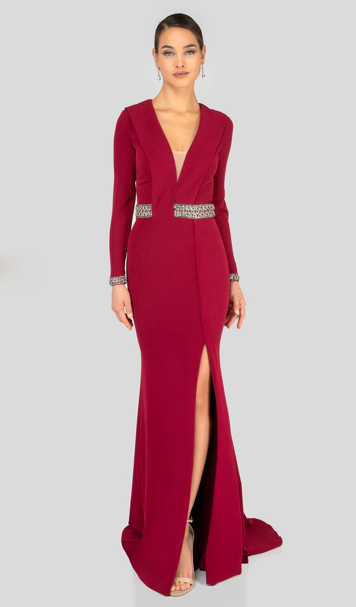 Terani Couture - 1911E9116 Long Sleeve High Slit Long Formal Dress Special Occasion Dress 0 / Wine