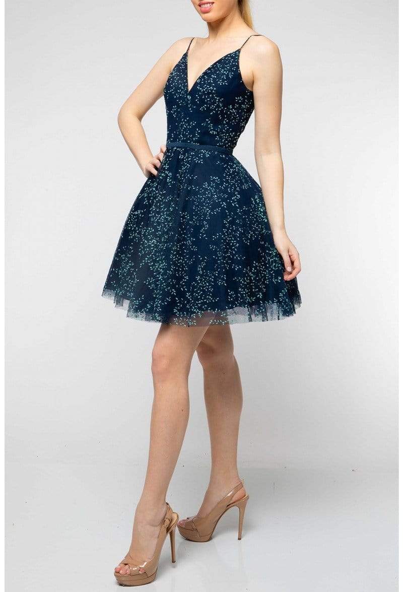 Terani Couture 1912P8083 - Short A-Line Dress - Leaves Design, Sleeveless, Spaghetti Straps, Thin Waistband, Mid-Thigh Length, Open V Back, Back Terani Couture 1912P8083 - Short A-Line Dress - Leaves Design, Sleeveless, Spaghetti Straps, Thin Waistband, Mid-Thigh Length, Open V Back, Back