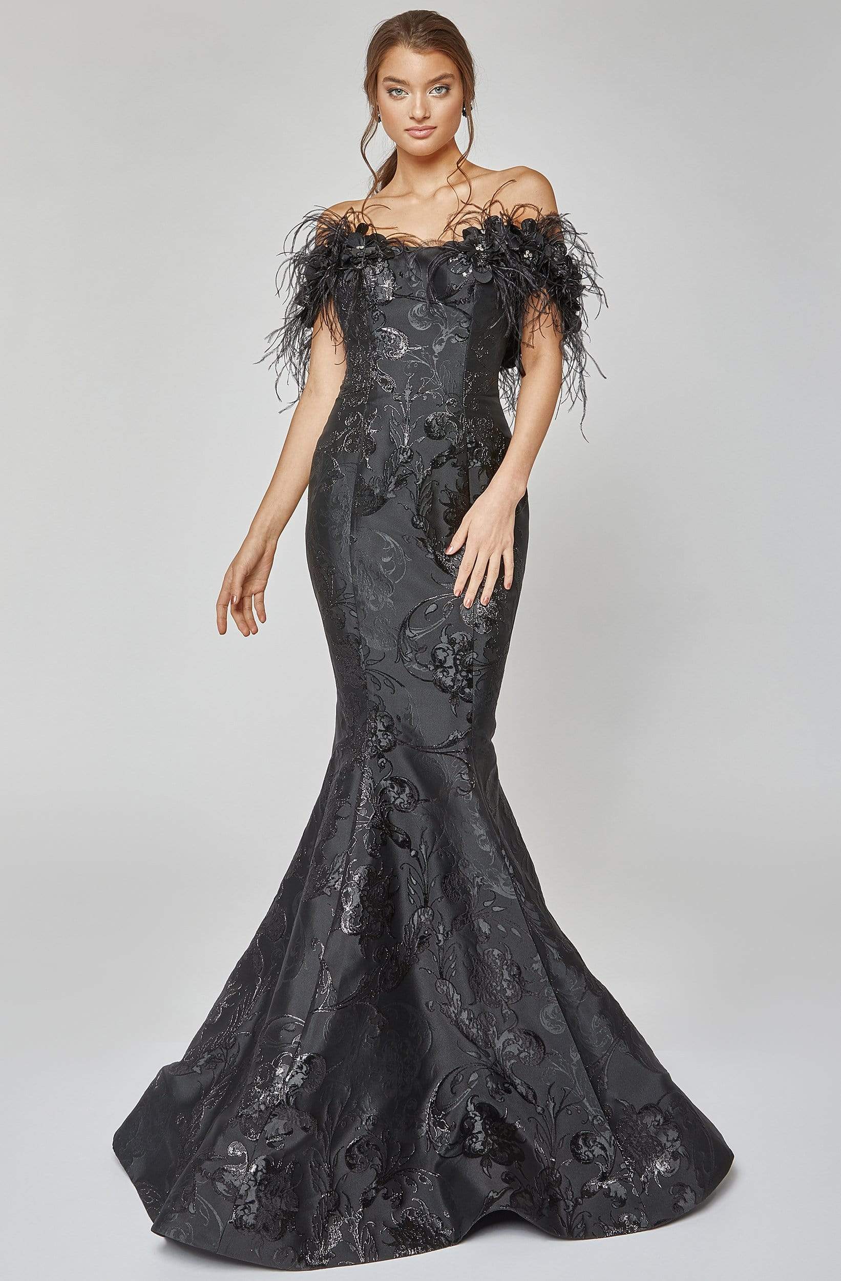 Terani Couture 1921E0136 - Long Mermaid Dress - Floral Jacquard fabric, Faux feather accent, Strapless, Back zipper closure, Sweep train, 100% Polyester Couture Candy Terani Couture 1921E0136 - Long Mermaid Dress - Floral Jacquard fabric, Faux feather accent, Strapless, Back zipper closure, Sweep train, 100% Polyester Couture Candy