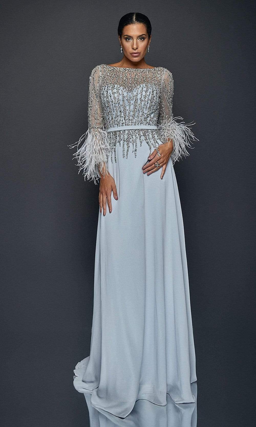 Terani Couture 1921M0473 - Long A-Line Dress - Sheer Quarter Sleeves, Feather Fringed Cuffs, Slender Waistband, Bejeweled, Illusion V-Open Back, Back Terani Couture 1921M0473 - Long A-Line Dress - Sheer Quarter Sleeves, Feather Fringed Cuffs, Slender Waistband, Bejeweled, Illusion V-Open Back, Back