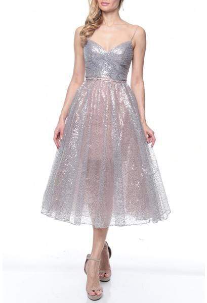 Terani Couture 1922C0049 - Tea-Length A-Line Dress - Ruched Bodice, Sleeveless, Spaghetti Straps, Banded Waist, Pleated Skirt, Open V Back, Back Zipper Closure Couture Candy Terani Couture 1922C0049 - Tea-Length A-Line Dress - Ruched Bodice, Sleeveless, Spaghetti Straps, Banded Waist, Pleated Skirt, Open V Back, Back Zipper Closure Couture Candy