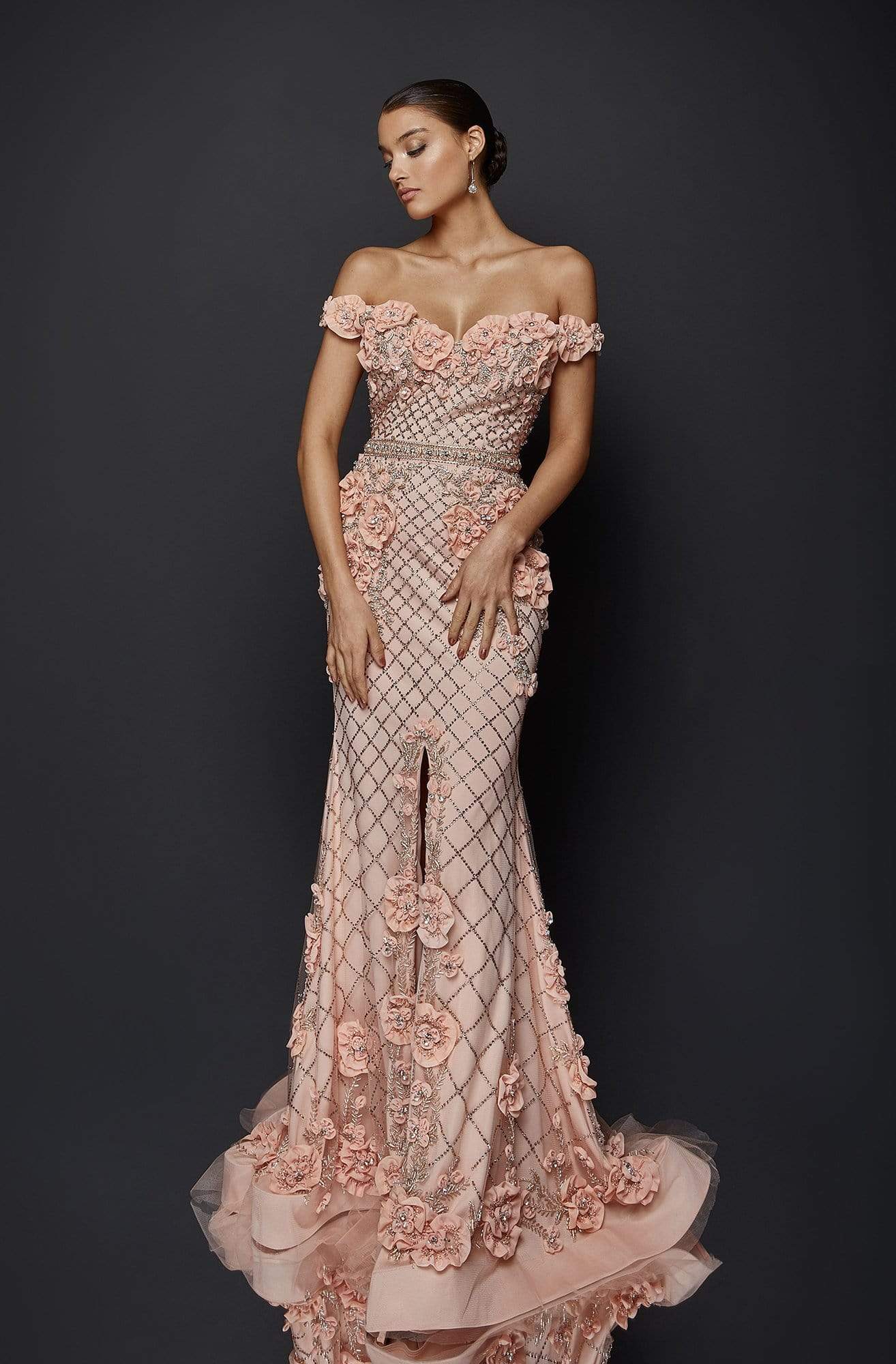 Terani Couture 1922GL0682 Floral Embellished Off-Shoulder Dress