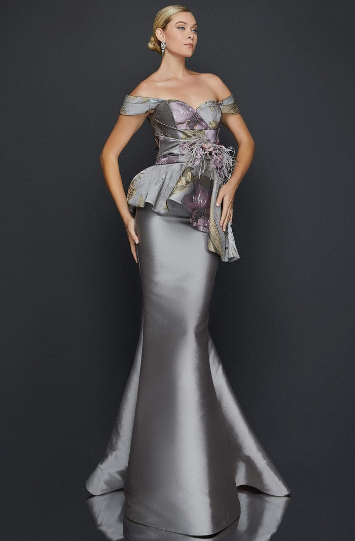 Terani Couture - 2011E2425 Floral Print Off-Shoulder Mermaid Dress Evening Dresses 0 / Taupe Rose