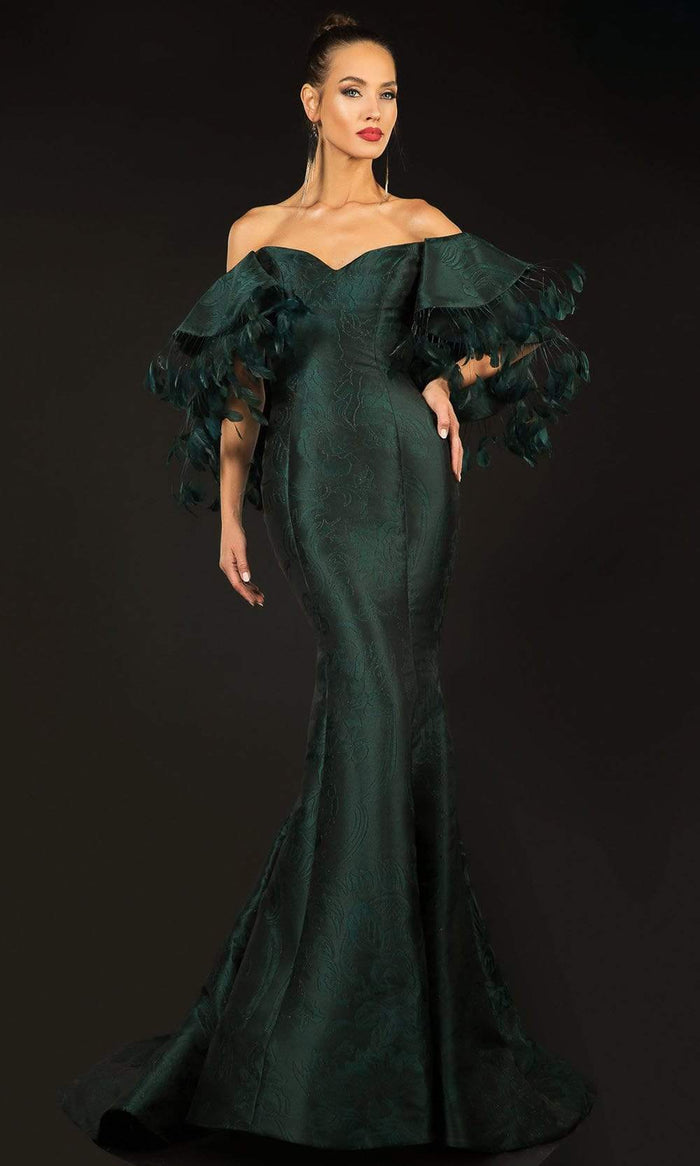 Terani Couture - 2021E2796 Feather Trimmed Off Shoulder Jacquard Gown Evening Dresses 00 / Forest