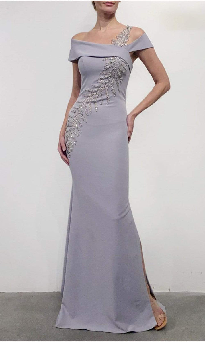 Satin Draped Trumpet Dress with Beaded Trim Steel Grey main image 1