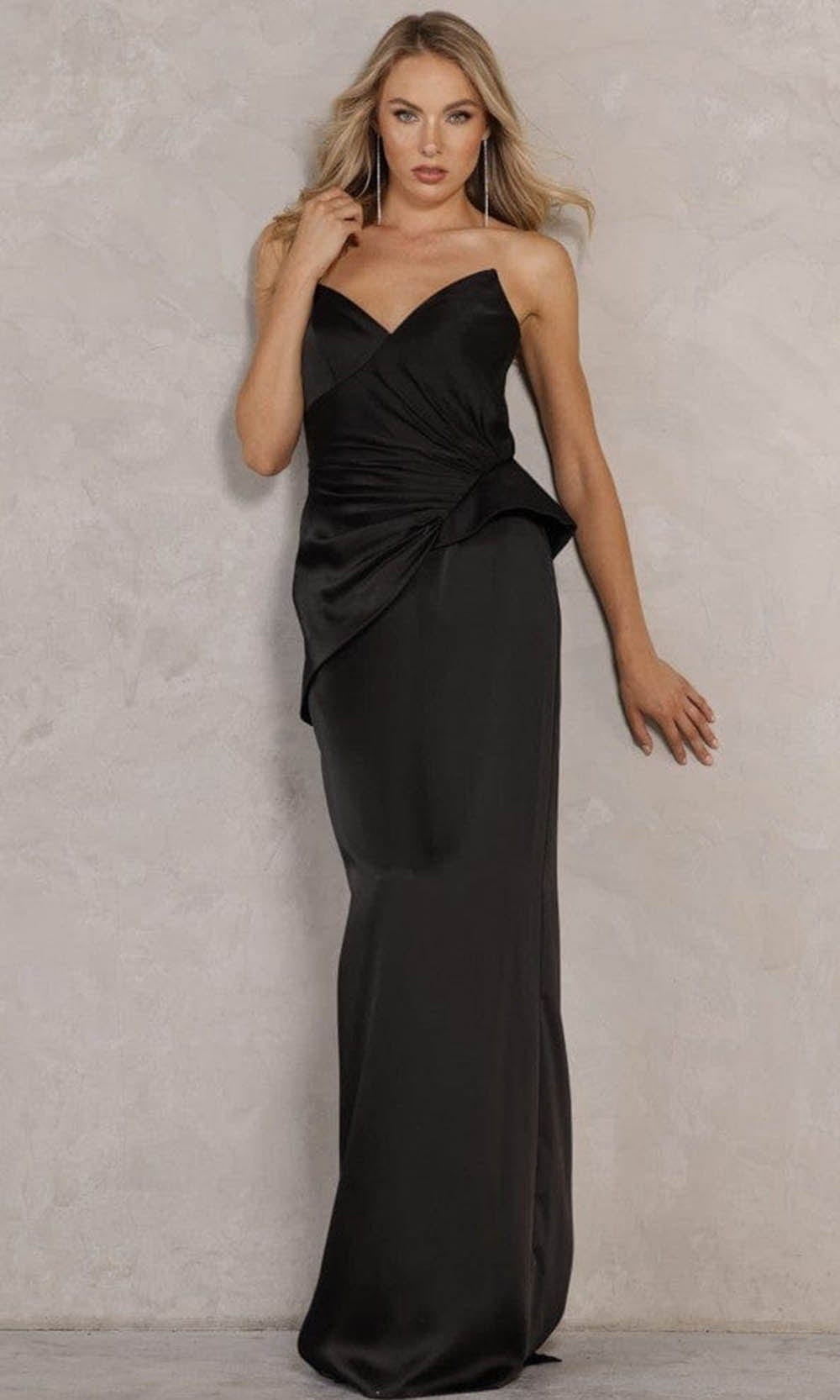 Terani Couture 2111P4066 - Long Matte Satin Sheath Dress - Strapless, Ruching, Peplum Accent, Mid-Open Back, Zipper Closure, Back Slit, Floor Length Hem Couture Candy Terani Couture 2111P4066 - Long Matte Satin Sheath Dress - Strapless, Ruching, Peplum Accent, Mid-Open Back, Zipper Closure, Back Slit, Floor Length Hem Couture Candy