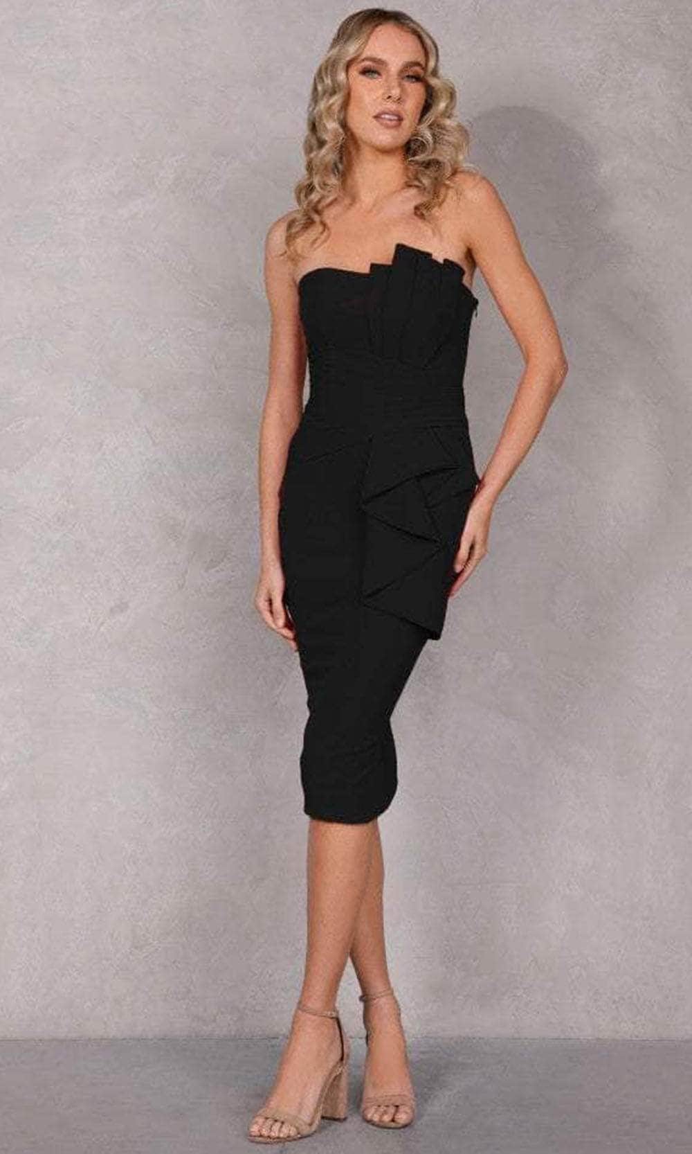 Terani Couture 2221C0334 - Tea-Length Sheath Dress - Strapless, Ruched Waistband, Pleated, Peplum, Mid-Open Back, Center Back Slit, Fitted Couture Candy Terani Couture 2221C0334 - Tea-Length Sheath Dress - Strapless, Ruched Waistband, Pleated, Peplum, Mid-Open Back, Center Back Slit, Fitted Couture Candy