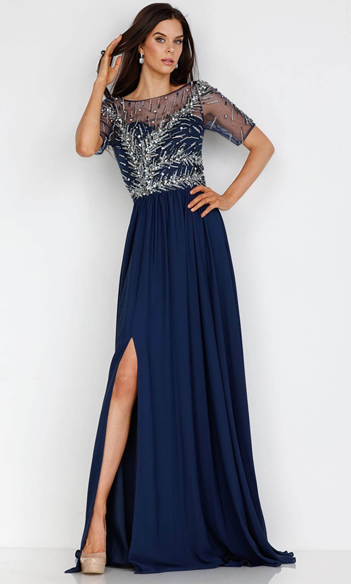 Terani Couture 231M0341 - Long Gorgette A-line Dress - Sheer, Short sleeves, Sequins, Chiffon, Flowy skirt, High slit, Scoop back, Floor length, Sweep train Couture Candy Terani Couture 231M0341 - Long Gorgette A-line Dress - Sheer, Short sleeves, Sequins, Chiffon, Flowy skirt, High slit, Scoop back, Floor length, Sweep train Couture Candy