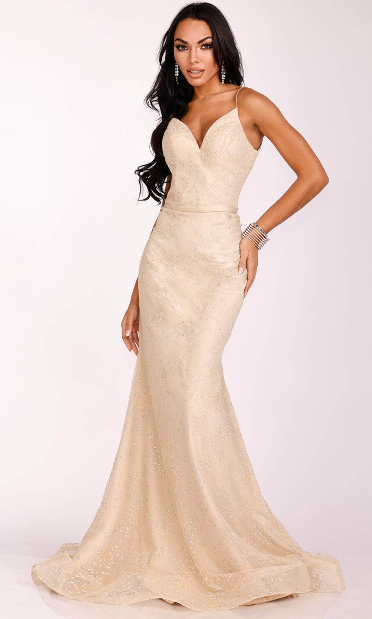 Terani Couture 231P0038 - Long Caviar Mermaid Dress - Spaghetti Straps, Foliage Motif, V-Open Back, Sweep Train Couture Candy Terani Couture 231P0038 - Long Caviar Mermaid Dress - Spaghetti Straps, Foliage Motif, V-Open Back, Sweep Train Couture Candy