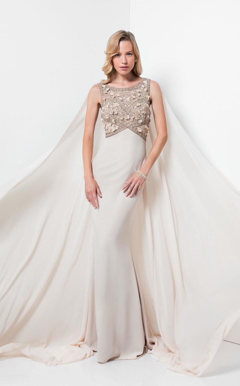 Terani Couture 1713M3460 - Long Mermaid Dress - Sleeveless, Beaded and organza flower encrusted bodice, Crepe Skirt, Chiffon Cape Couture Candy Terani Couture 1713M3460 - Long Mermaid Dress - Sleeveless, Beaded and organza flower encrusted bodice, Crepe Skirt, Chiffon Cape Couture Candy