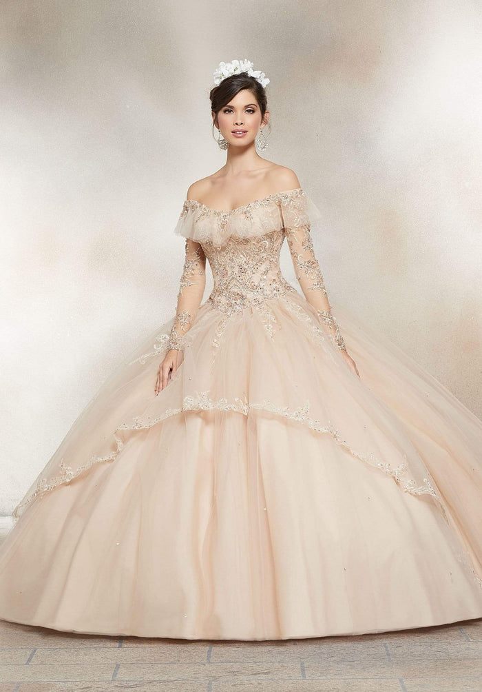 Vizcaya by Mori Lee - 89235 Off Shoulder Illusion Long Sleeve Ballgown Special Occasion Dress 0 / Nude