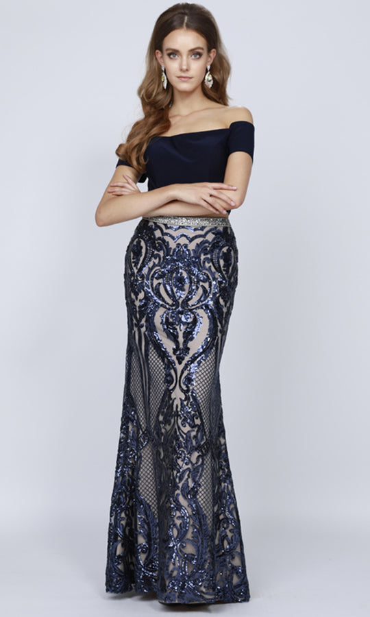 Juliet Dresses 663 - Off Shoulder Crop Top Evening Gown