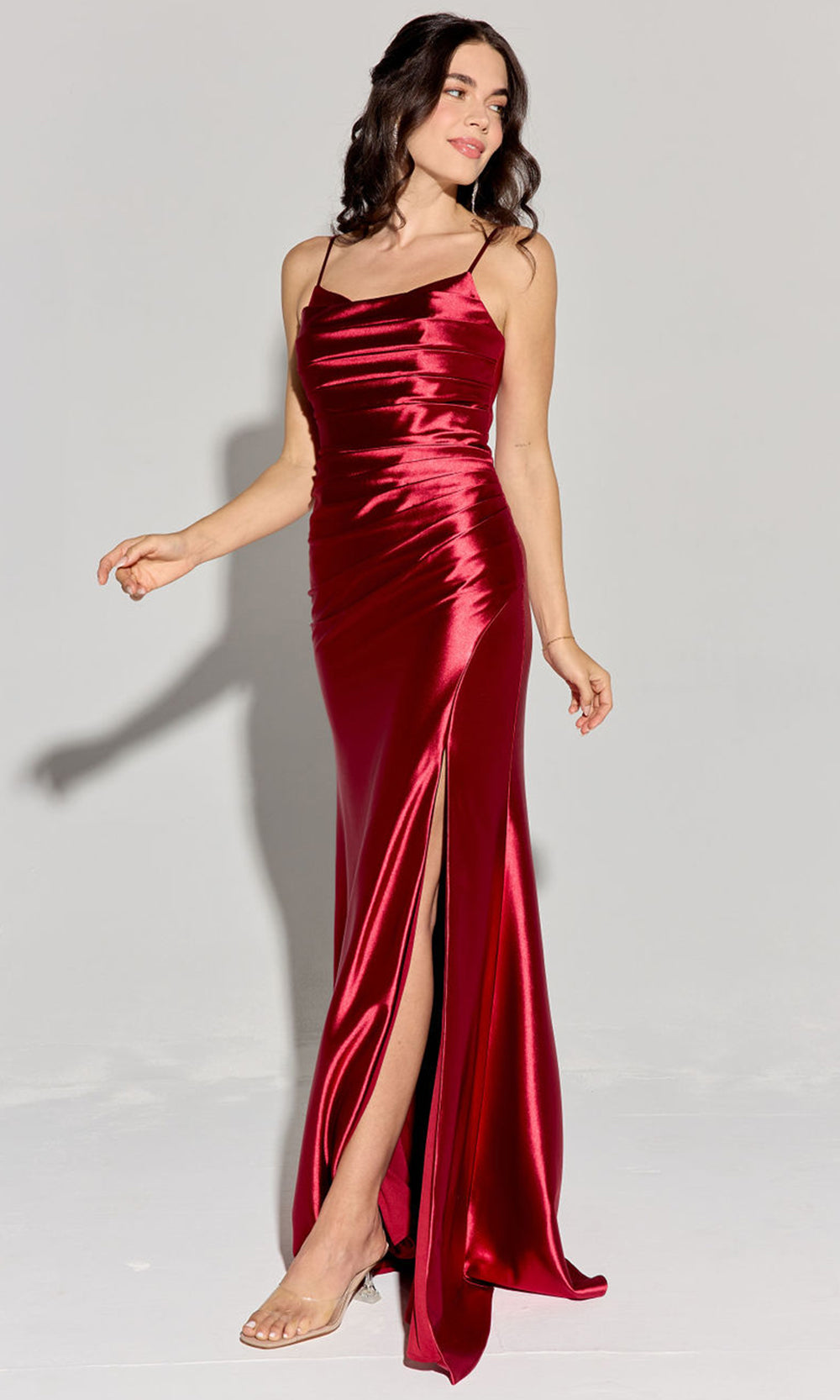 satin cowl neck ruched dress Betsy & Adam Women's Cowl Halter Neck Charmeuse Long Dress - Plum