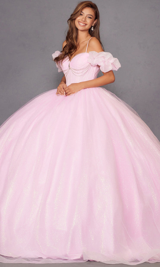 Juliet Dresses JT1487H - Chain Accent Off Shoulder Puff Sleeve Gown