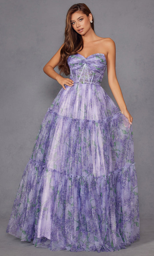 Juliet Dresses JT2507A - Strapless Tiered Gown with Floral Print