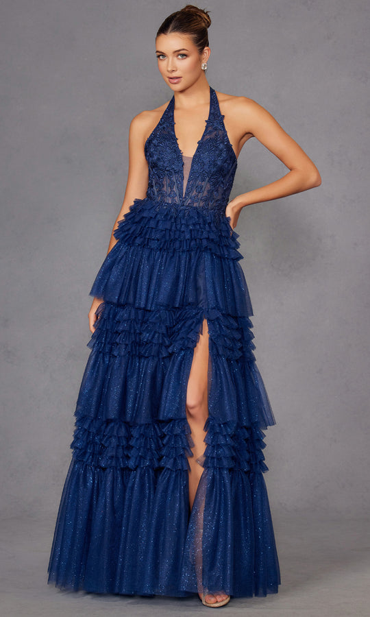 Juliet Dresses JT2556S - Tiered Halter Ballgown with Slit