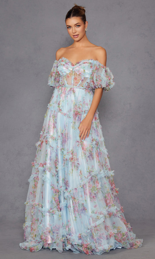 Juliet Dresses JT2887C - Floral Off Shoulder A-Line Gown